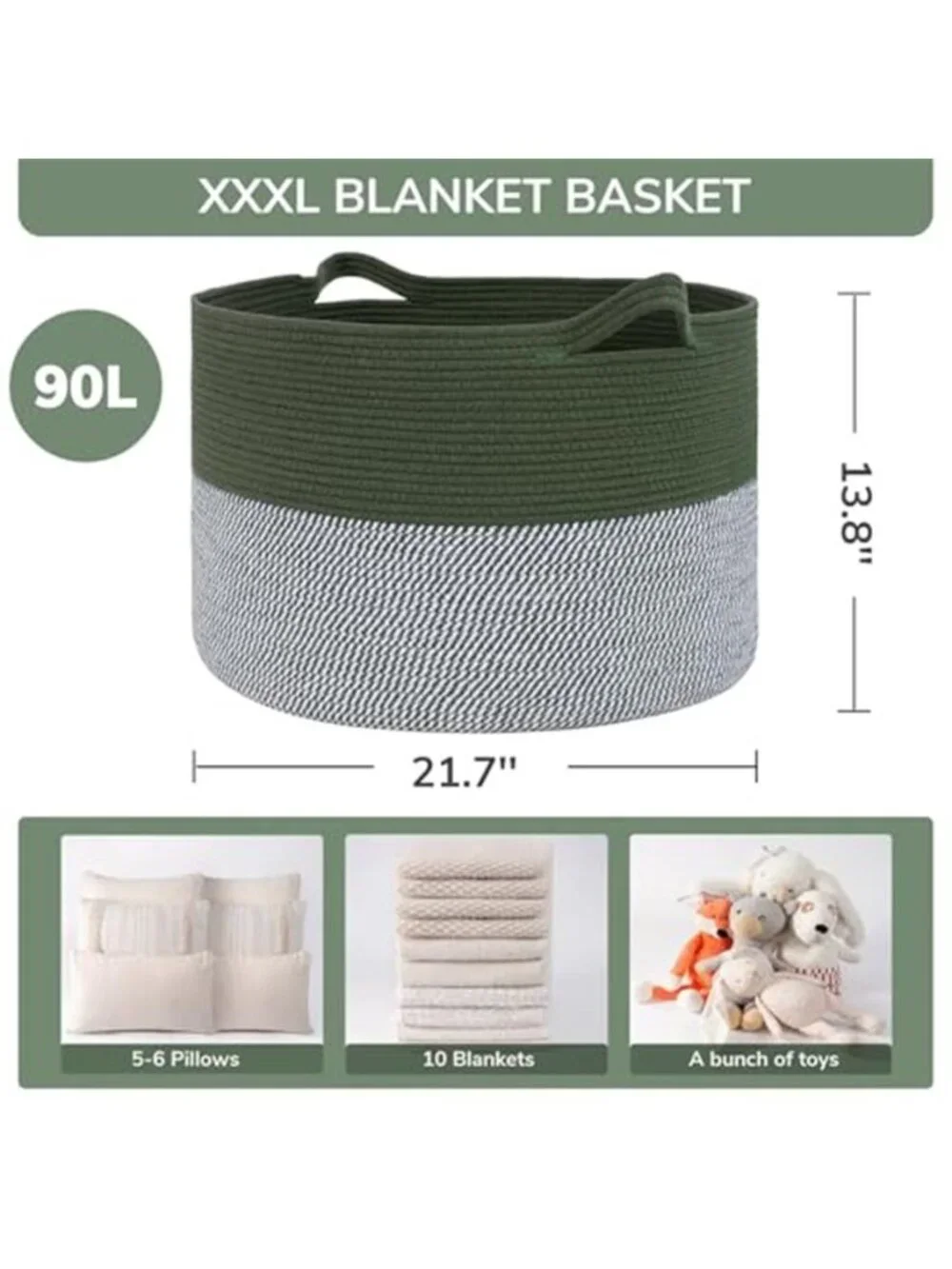 New XXXLarge Woven Rope Blanket Basket Living Room Green, 90L